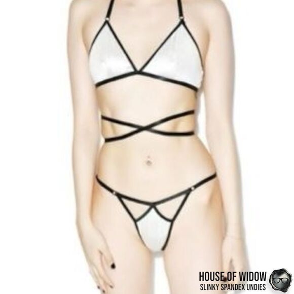 DOLLS KILL X HOUSE OF WIDOW SLINKY SPANDEX UNDIES IN OFF WHITE CHAMPAGNE PEARL M - Picture 11 of 11